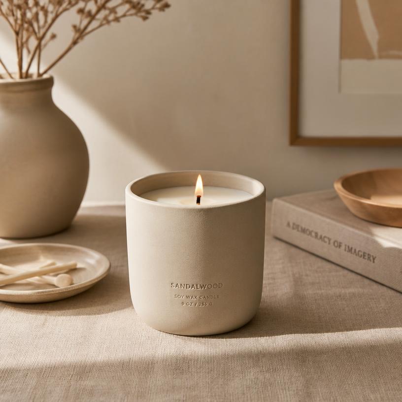 Soy wax candle in a ceramic vessel on warm linen